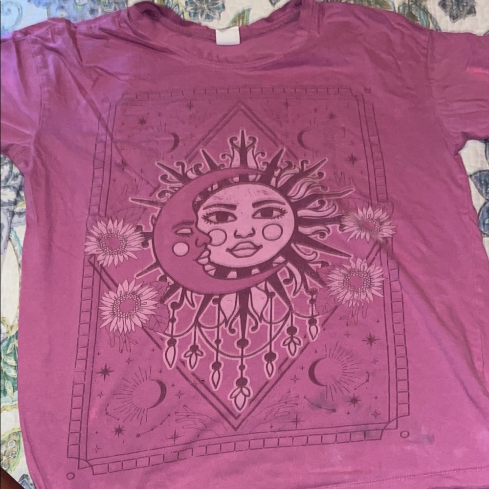 Purple Graphic Tee with Sun and Moon Design